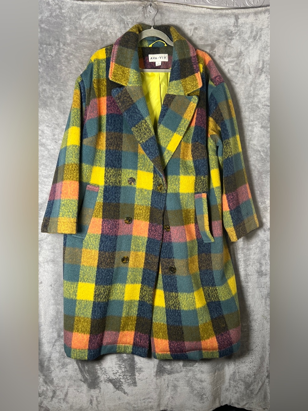 Ava & Viv Multicolor Plaid Pea Coat - Yellow, Pink & Green
